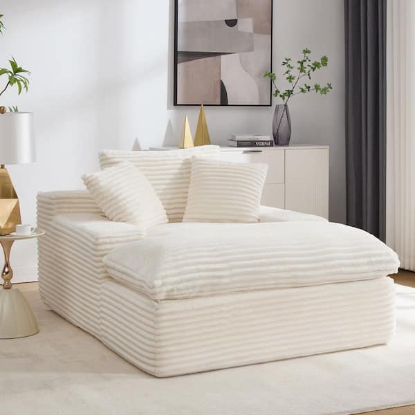 Beige Plush Faux Fur Upholstered Square Arm Chaise Lounge Full Foam Sleeper Sofa Bed with 2 Comfy Pillows