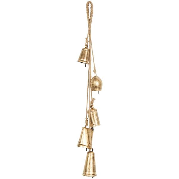 Litton Lane Gold Metal Cascading Cluster Bell Decorative Cow Bells with Jute Hanging Rope