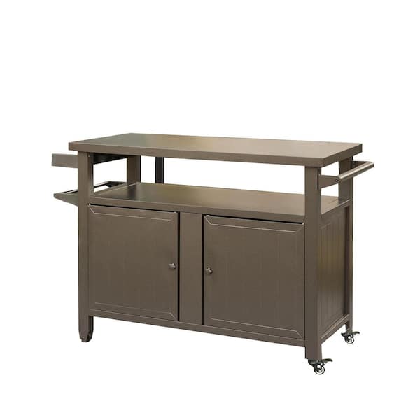 Zeus & Ruta Brown Outdoor Metal Bar Serving Grill Cart, Portable Storage Cabinet with Wheels, Grill Table Cooking Prep BBQ Table