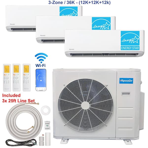 3-Zone ENERGY STAR Wi-Fi 36K BTU 230V 21 SEER2 Mini Split AC w/ Heat Pump + 12K + 12K + 12K BTU Heads 25 ft. Lineset x 3