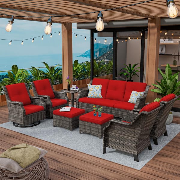 Outdoor Patio Furniture Set 8-Piece Wicker Patio Conversation Seating with RED Cushion