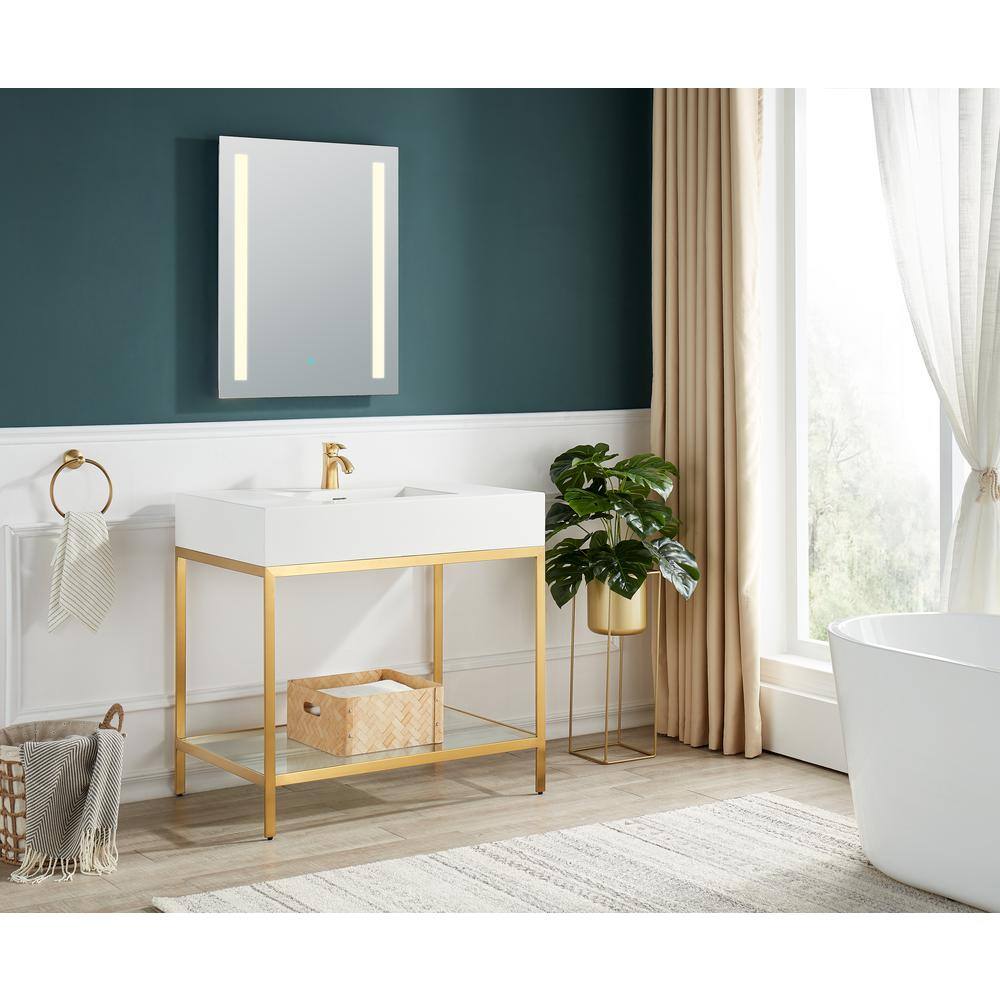 Brushed Gold and White Glass Console Sink with Resin Counter
