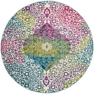 Watercolor Ivory/Fuchsia 5 ft. x 5 ft. Round Floral Area Rug