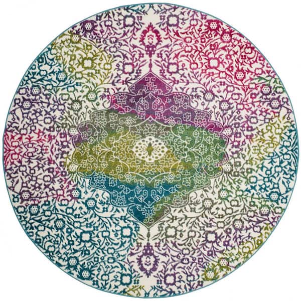 SAFAVIEH Watercolor Ivory/Fuchsia 5 ft. x 5 ft. Round Floral Area Rug