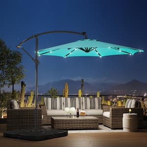 Bayshore 10 ft. Outdoor Patio Crank Lift LED Solar Powered Cantilever Umbrella with 4-Piece Base Weights in Turquoise