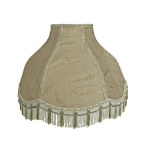 17 in. x 12 in. Oatmeal Jacquard Textured Fabric with Fringe Scallop Bell Lamp Shade with Spider Fitter