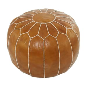18 in. Light Brown Leather Moroccan with White Stitching Floral Pouf