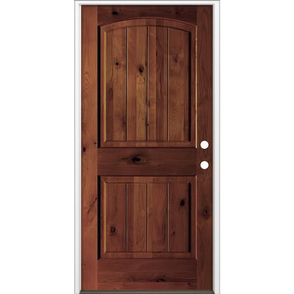 36 in. x 80 in. Rustic Knotty Alder Top Arch V-Groove Left-Hand/Inswing BEHR Red Mahogany Stain Wood Prehung Front Door