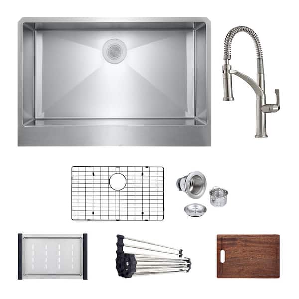 PELHAM & WHITE Stainless Steel 16-Gauge 30 in. Single Bowl Farmhouse Apron Kitchen Sink Workstation with Deluxe Faucet, Grid/Drain