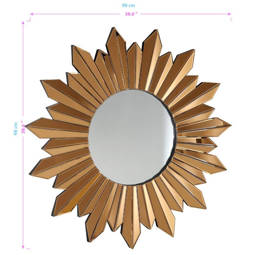Celestial Charm Gold and Wood 39" Round Sunburst Mirror