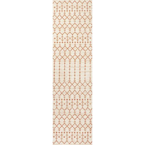 Ourika Moroccan Cream/Orange 2 ft. x 8 ft. Geometric Textured Weave Indoor/Outdoor Area Rug