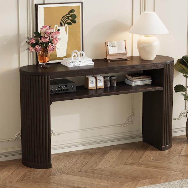 Uro Farmhouse 53.2 in. Espresso Finish Fluted Oval MDF Wood Entryway Console Table with Open Shelf
