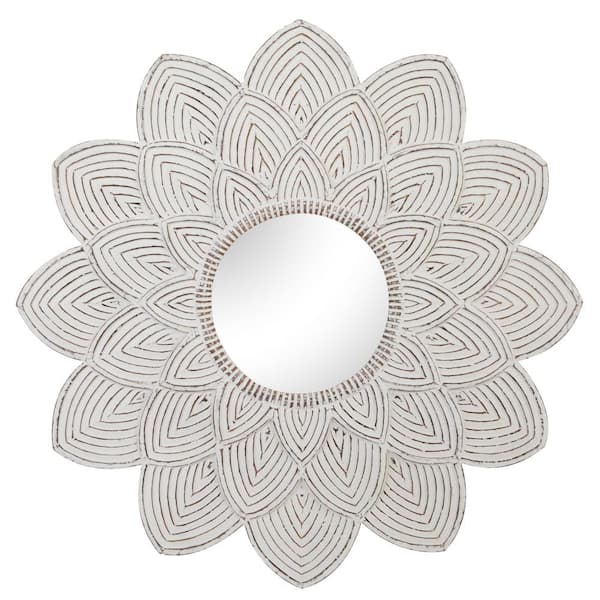 Novogratz 48 in. x 48 in. Carved Round Framed White Floral Wall Mirror with Overlapping Petals