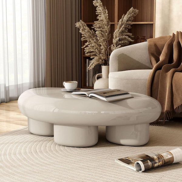 Brune 37 in. Cream Modern Oval High Gloss Low Profile MDF Coffee Table