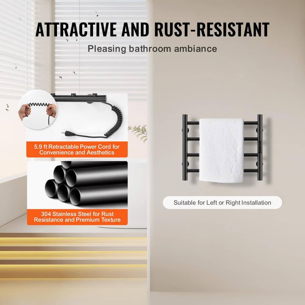 Black Stainless Steel Wall-Mounted 4-Bar Heated Towel Warmer