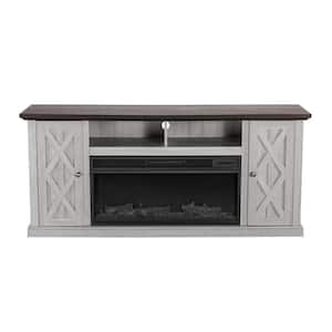 68 in. Freestanding Electric Fireplace TV Stand in Saw Cut Off White with Dark Desktop