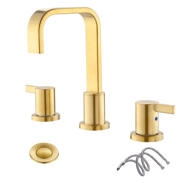 Phiestina Brushed Gold Waterfall Bathroom Faucet, 3 Hole Widespread Bathroom Faucet, with Metal Pop Up Drain and Water Supply Line