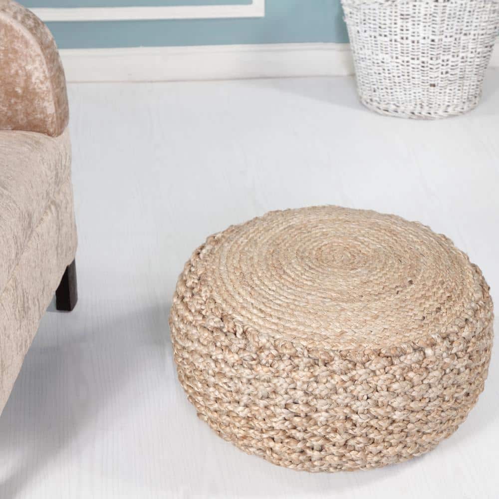Natural Jute Round Pouf with Braided Design, 20"