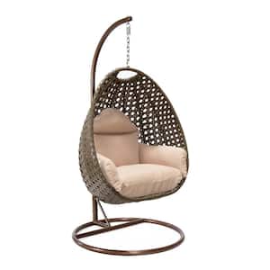 Beige Wicker Indoor Outdoor Hanging Egg Swing Chair For Bedroom and Patio with Stand and Cushion in Beige