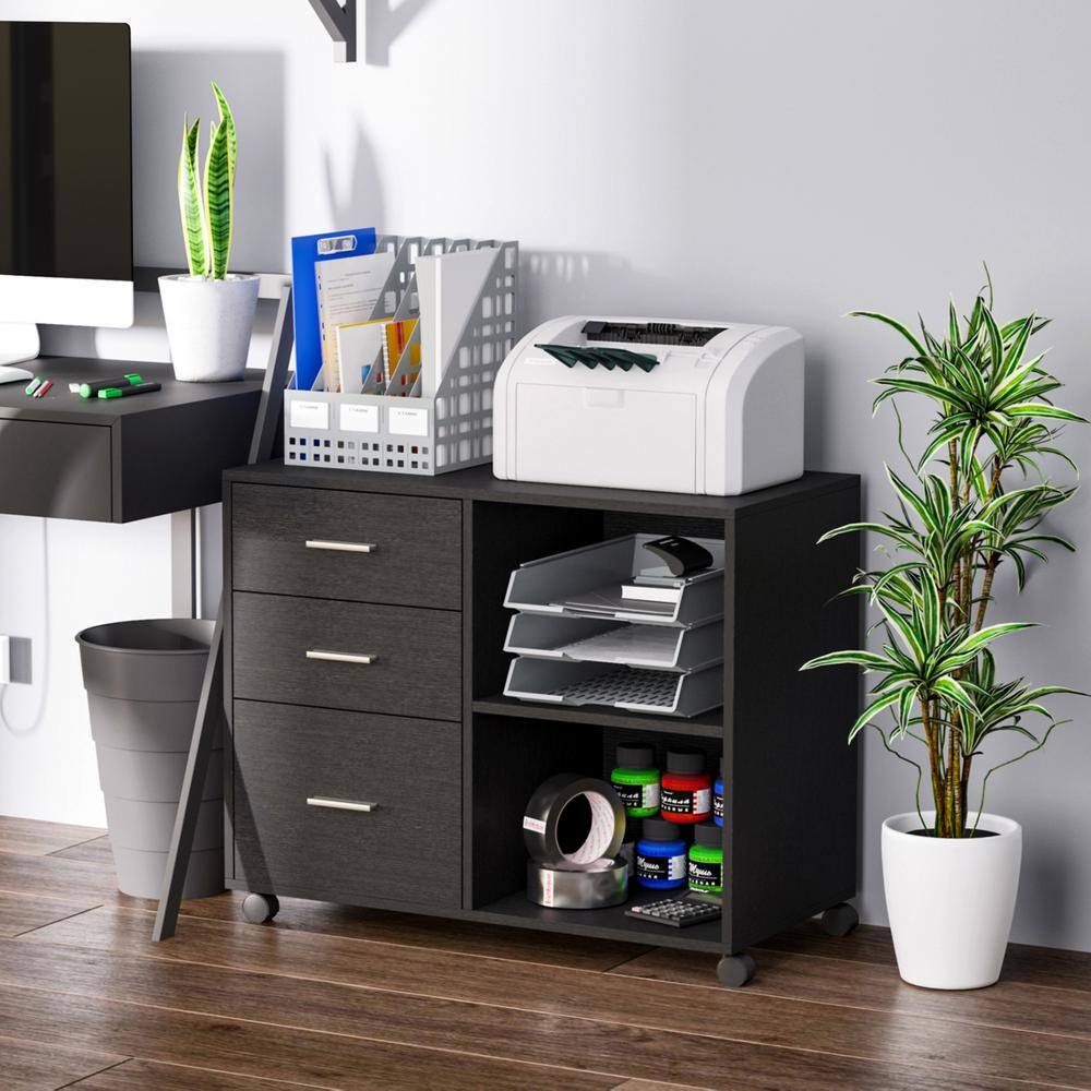 Buy modern black office filing cabinet with 3 storage drawers open
