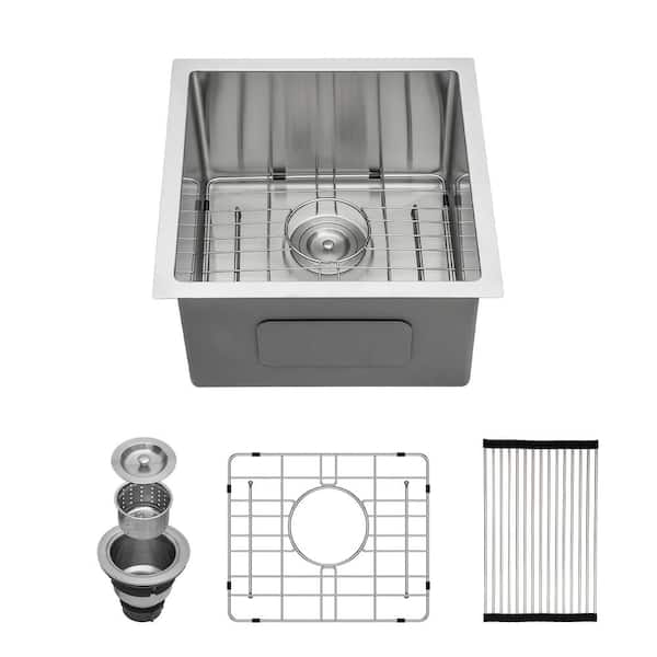 Unbranded 17 in. Undermount Single Bowl 16-Gauge Brushed Nickel Stainless Steel Kitchen Sink with Bottom Grids