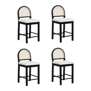 Bailey 24 in. Upholstered Boucle Rattan and Wood Counter Height Bar Stool w/ Woven Back, Cream Boucle/Black Oak,Set of 4