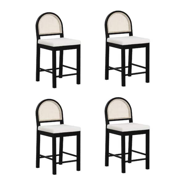 Nathan James Bailey 24 in. Upholstered Boucle Rattan and Wood Counter Height Bar Stool w/ Woven Back, Cream Boucle/Black Oak,Set of 4