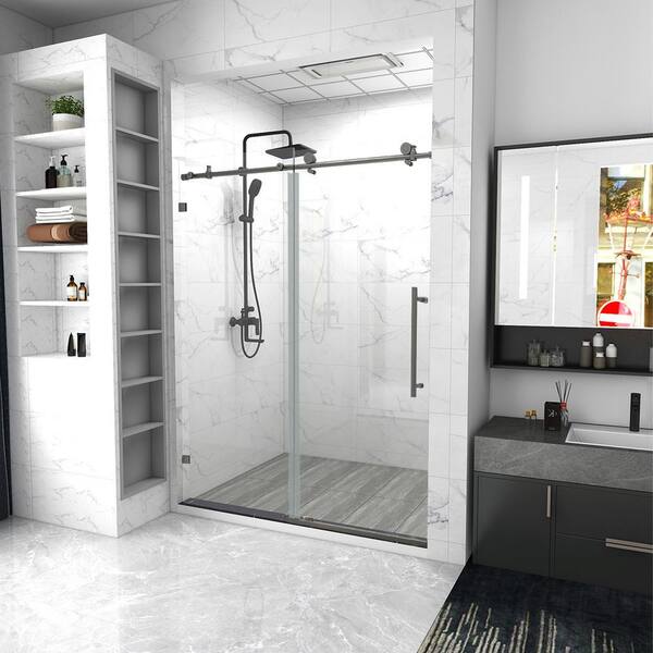 Topcraft 60 In W X 74 H Single Sliding Frameless Shower Door Brushed Nickel With Clear Glass Tc Bp05p2bn Single Sliding Frameless Shower Door, Tc Mirror Shower Door