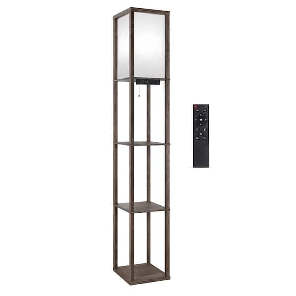 BICIK 63.7 in. Rotten Wood Gray Dimmable Column Floor Lamp w/Display Shelves, Remote, 1 USB and 1 Type C Ports, 1 Power Outlet