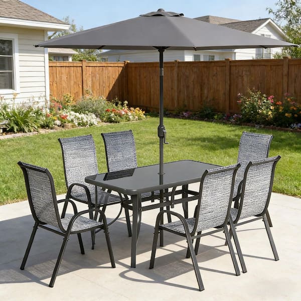8 pc metal glass top patio table set with umbrella 8-Piece Gray Metal Outdoor Dining Table and Chairs Set, Conversation Set  with Umbrella, Tempered Glass Tabletop io-927
