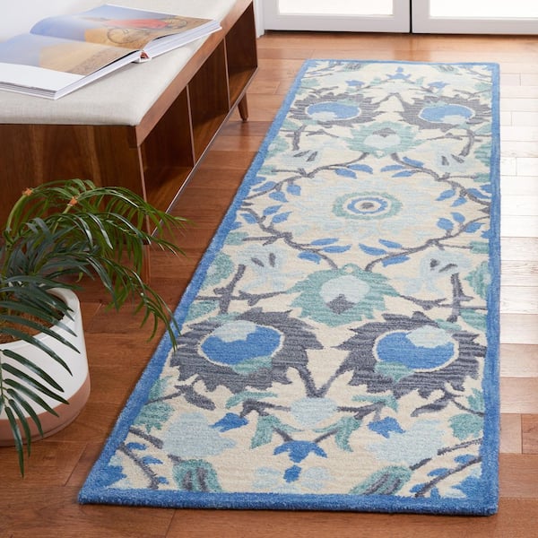 Antiquity 2 ft. x 8 ft. Ivory/Blue Floral Geometric Runner Rug