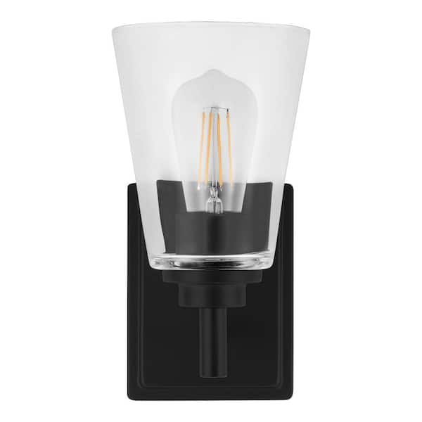 Hampton Bay Wakefield 5.25 in. 1-Light Matte Black Modern Wall Sconce with Clear Glass Shade