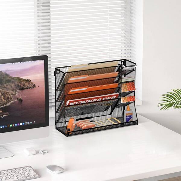 13 in. x 5.7 in. Black Wall File Organizer Metal Magazine Rack