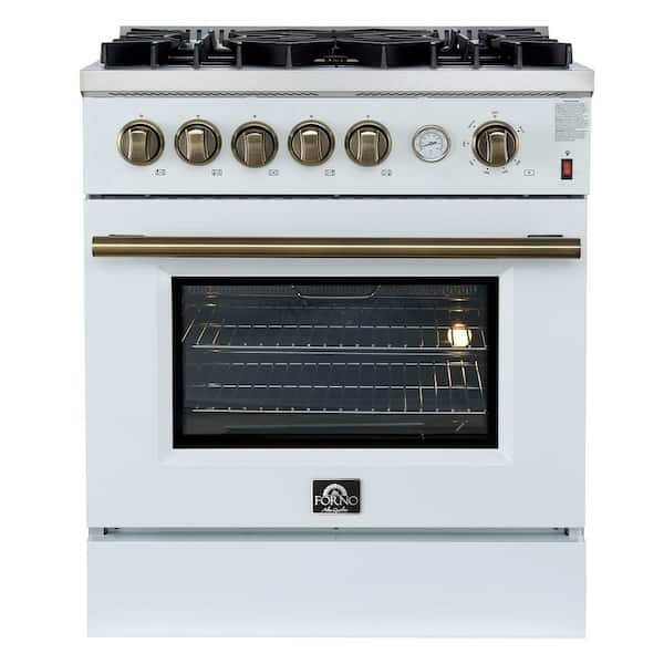 Giovanni 30-in. Gas Range White and Antique Brass, 5 Burners 67,000 BTU, 4.32 cu. ft. Convection Oven