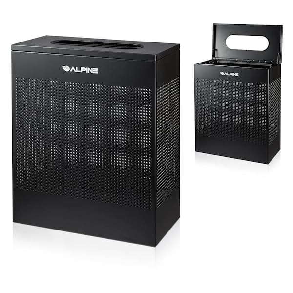 Alpine Industries 23 Gal. Black Perforated Steel Rectangular Stainless Steel Slim Commercial Trash Can with Open Top Lid