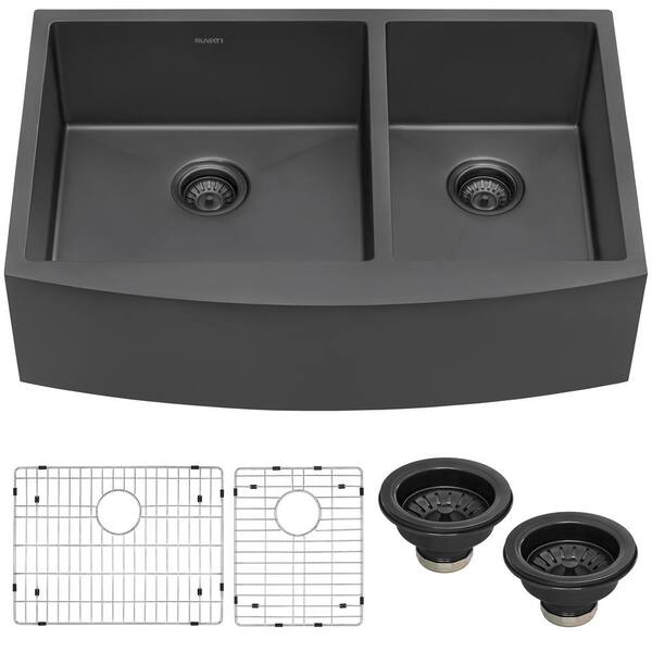 Ruvati Gunmetal Black 16 Gauge Stainless Steel 33 In 60 40 Double Bowl Farmhouse Apron Kitchen Sink Rvh9742bl The Home Depot