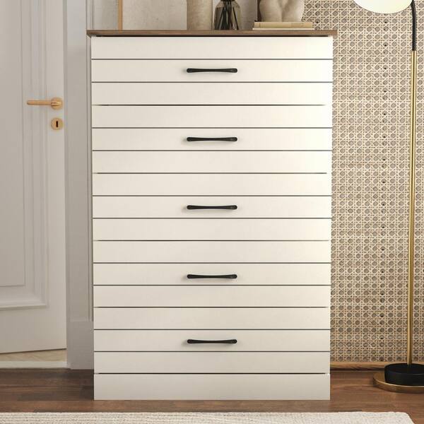GALANO Elis Ivory with Knotty Oak 5-Drawers 31.5 in. Wide Chest of Drawer