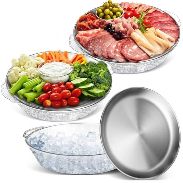 3 Set 11.8 in. Chilled Serving Tray for Parties with Compartments, Platter for Fruit, Seafood, Veggie, Cocktail, Silver