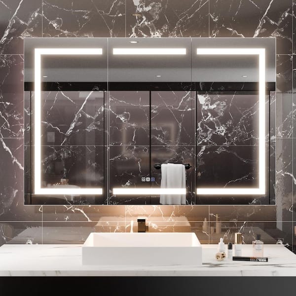 54 in. W x 36 in. H Rectangular Recessed/Surface Mount LED Medicine Cabinet w/ Mirror Light, 5X Magnifying,Outlet, USB