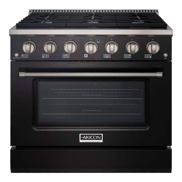 Akicon 36in. 6 Burners Freestanding Gas Range in Black/StainlessSteel with Convection Fan Cast Iron Grates and Black Enamel Top