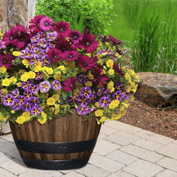 1*Resin Barrel Flower Pot Round Planter Wine Barrel Garden Decor Outdoor Indoor 