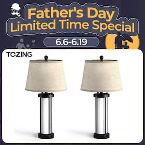 26.3 in. Black Modern Metal LED Fabric Lampshade Tasking and Reading Table lamp with Dual USB Charging Ports (Set of 2)