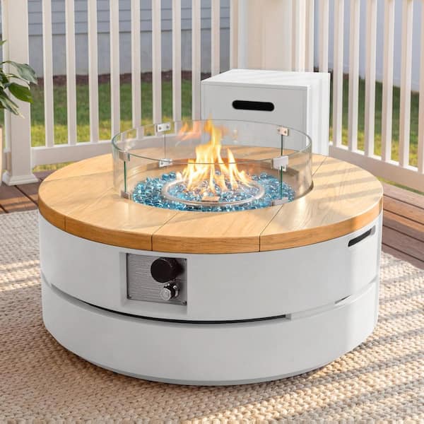 38-Inch Round Concrete Propane Fire Pit Table with Tank Cover and Wind Guard,White