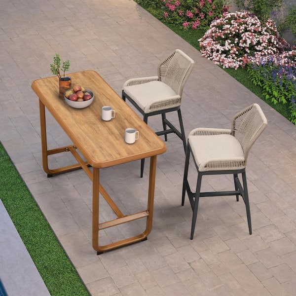 PURPLE LEAF Modern Dark Grey 3-Piece Aluminum Rectangle High Top Table Bar Height Wicker Bar Outdoor Bistro Set with Cushions