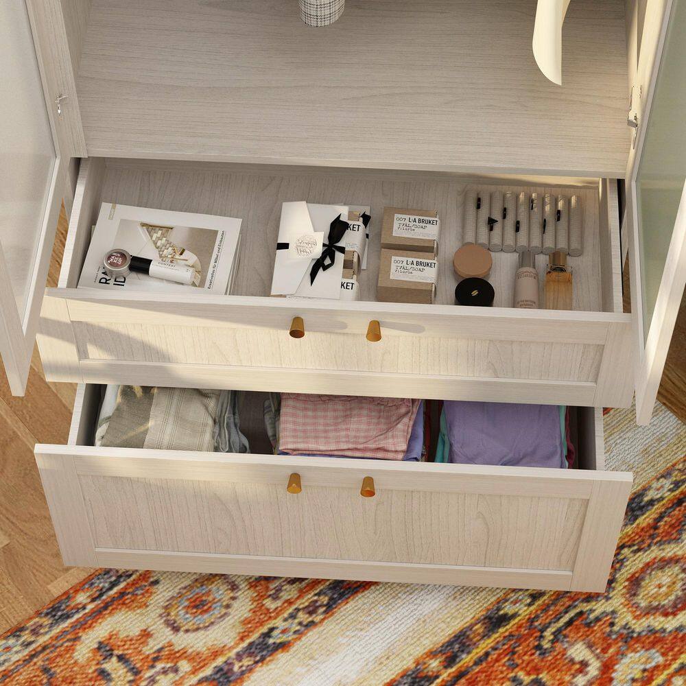Light Oak Wood 31.5 in. Bedroom Armoire with Frosted Glass Doors and 2-Drawers - thumbnail 4