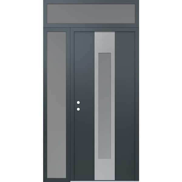 A1 52 in. x 96 in. Silver P Right-Hand/Inswing Frosted Glass Anth/Anth Sidelite+Transom Steel Prehung Front Door