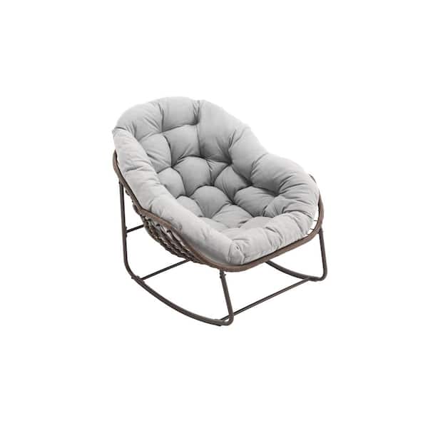 HOMEFUN Deluxe Oversized Wicker Rattan Padded Steel Frame Outdoor Rocking Chair with Olifen Light Gray Cushion