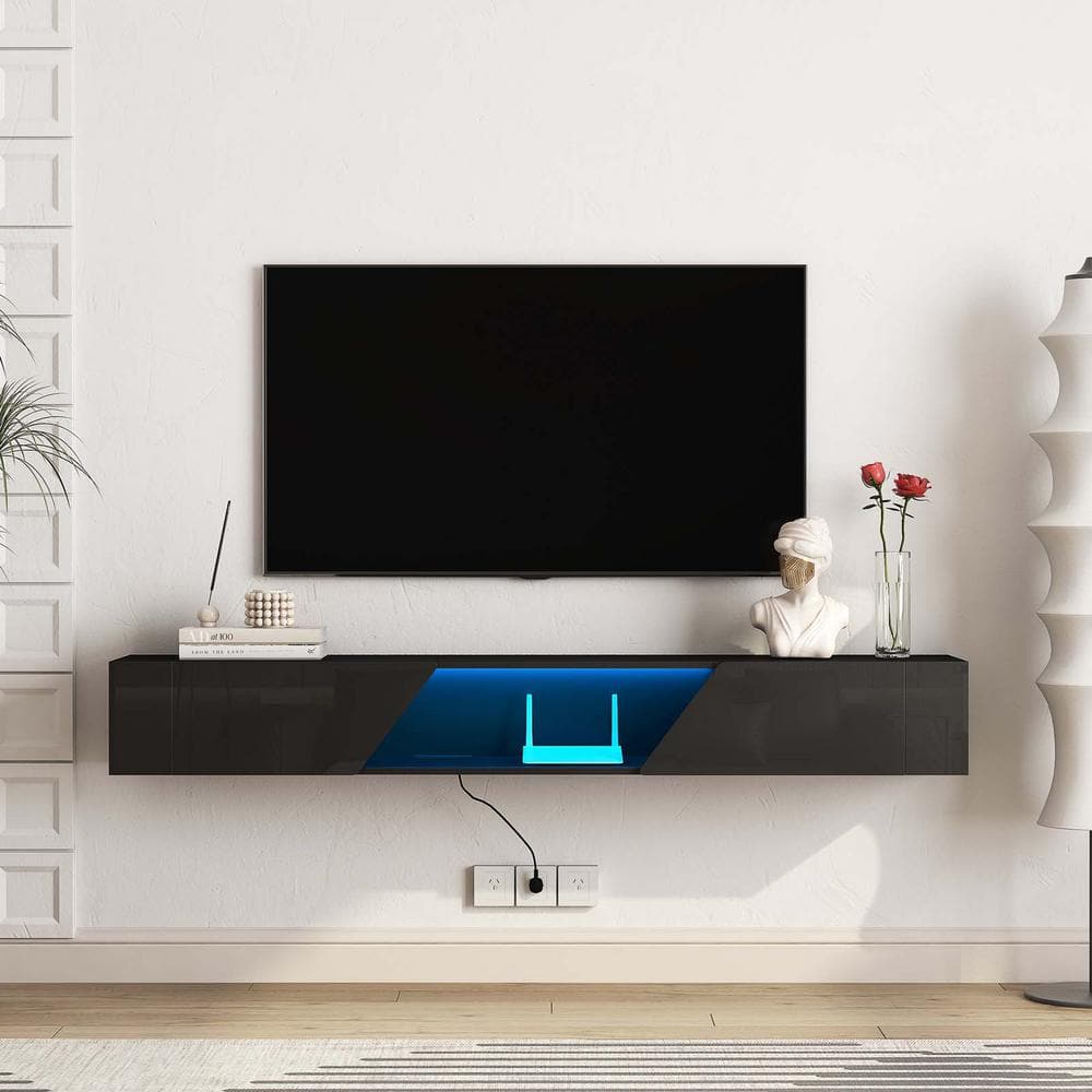 69.3 in. W x 11.8 in. D Black Floating TV Stand Media Entertainment Center 