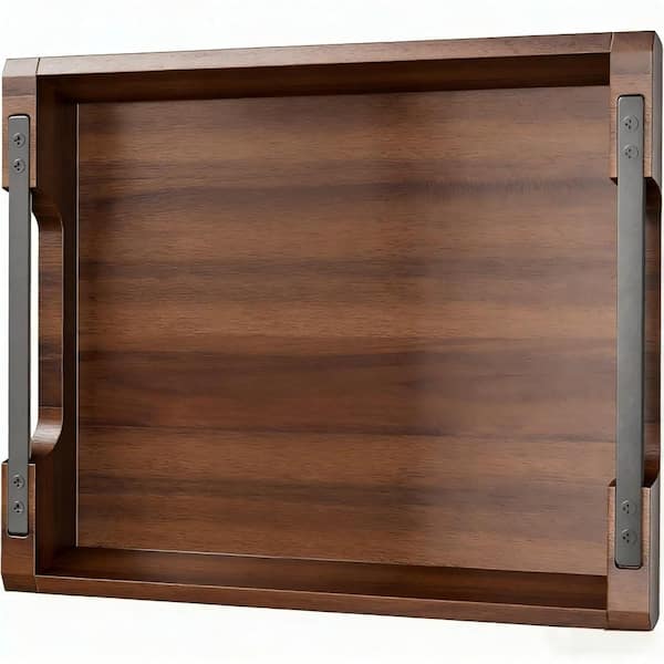 17.0 in. W x 2.0 in. H x 13.0 in. D Rectangular Black Acacia Wood MDF Metal Serving Tray with Handles (Set of 1)