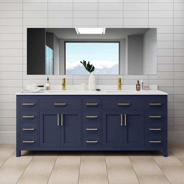 Wyndham Collection Beckett 84 in. W x 22 in. D Double Vanity in Dark Blue with Cultured Marble Vanity Top in Carrara with White Basins